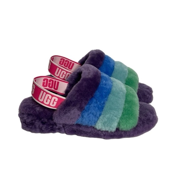 UGG Pride Fluff Yeah Slide Sheepskin Rainbow Slipper Sandal - Picture 3 of 10